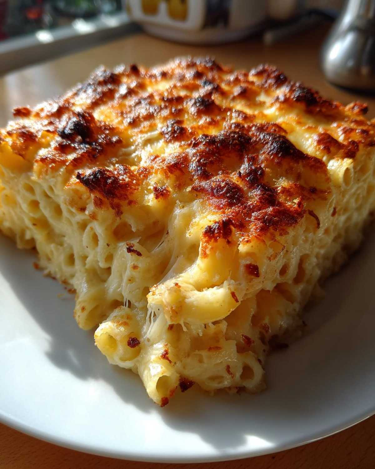 A close-up of a square serving of baked mac and cheese recipe showing gooey cheese pull and a deeply browned, crispy topping.