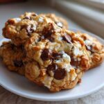 A stack of three gooey almond joy cookies loaded with chocolate chips and melted marshmallow pieces.