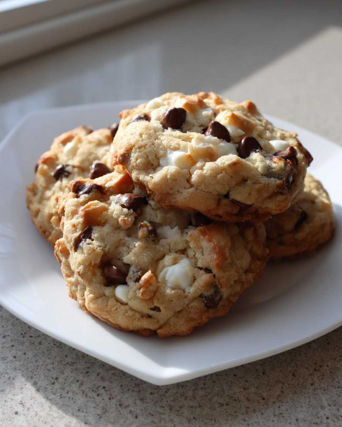 A stack of four freshly baked almond joy cookies featuring chocolate chips and white coconut chunks on a white plate.