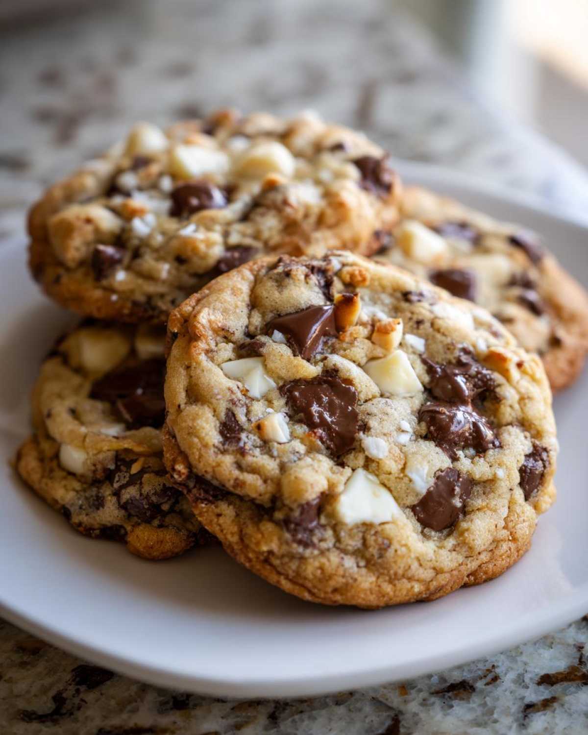A stack of freshly baked almond joy cookies featuring melted chocolate chunks and white chips on a white plate.