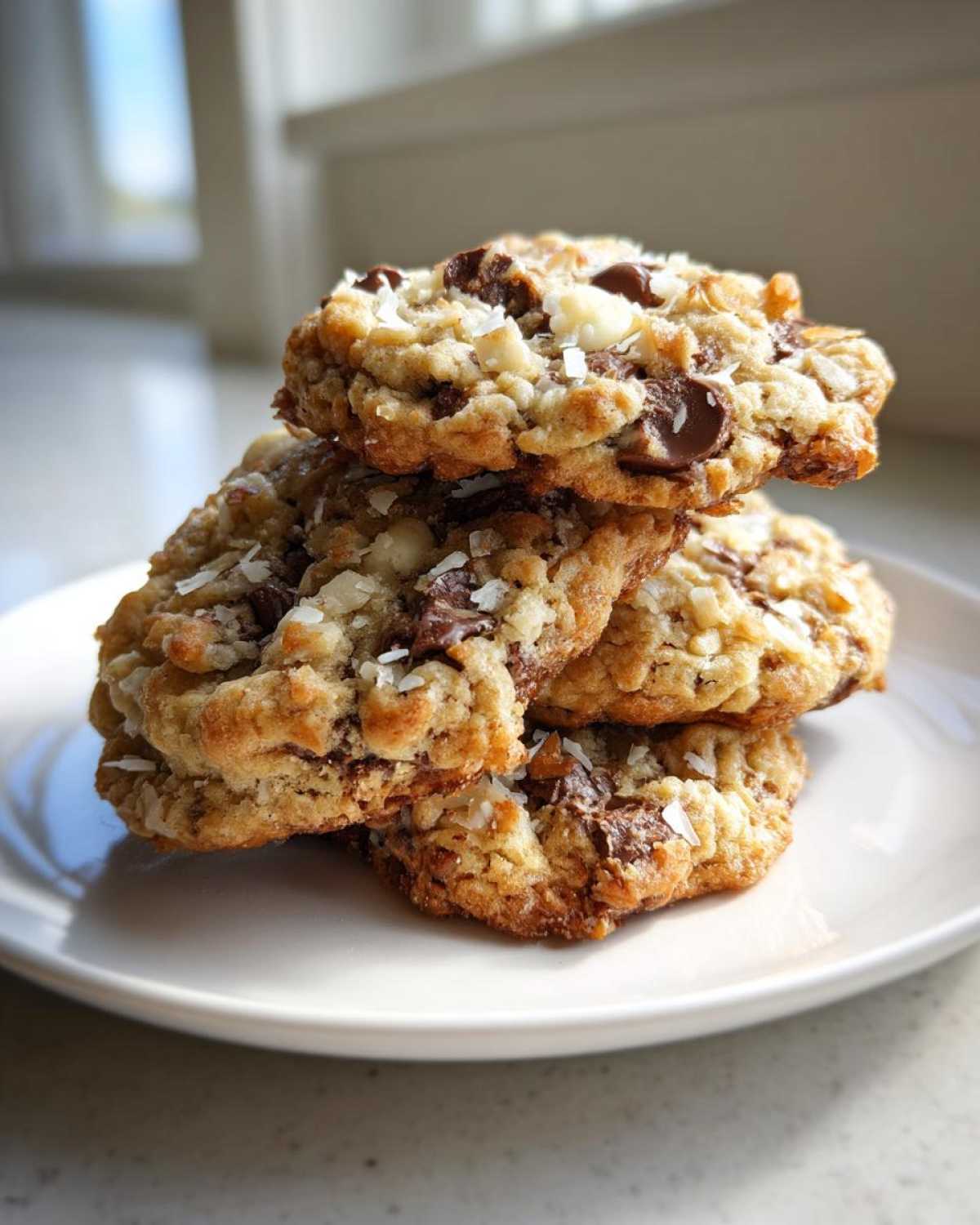 A stack of three freshly baked almond joy cookies loaded with chocolate chips and shredded coconut.