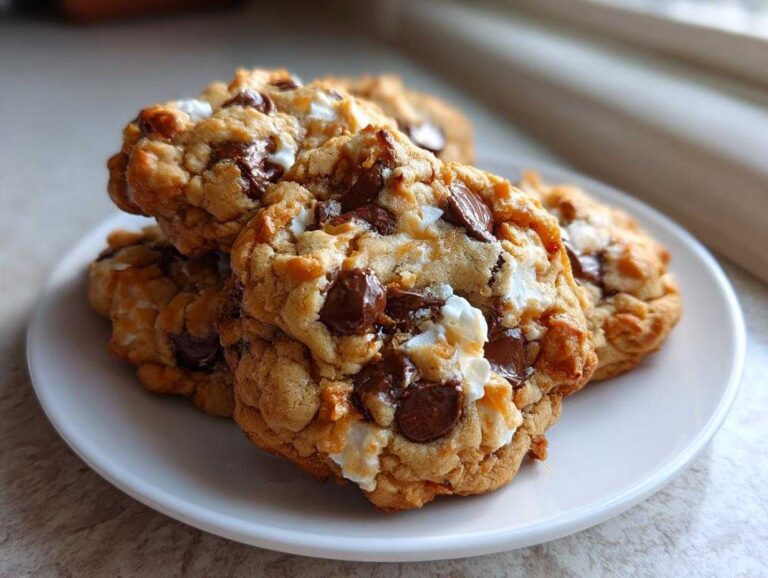 A stack of three gooey almond joy cookies loaded with chocolate chips and melted marshmallow pieces.