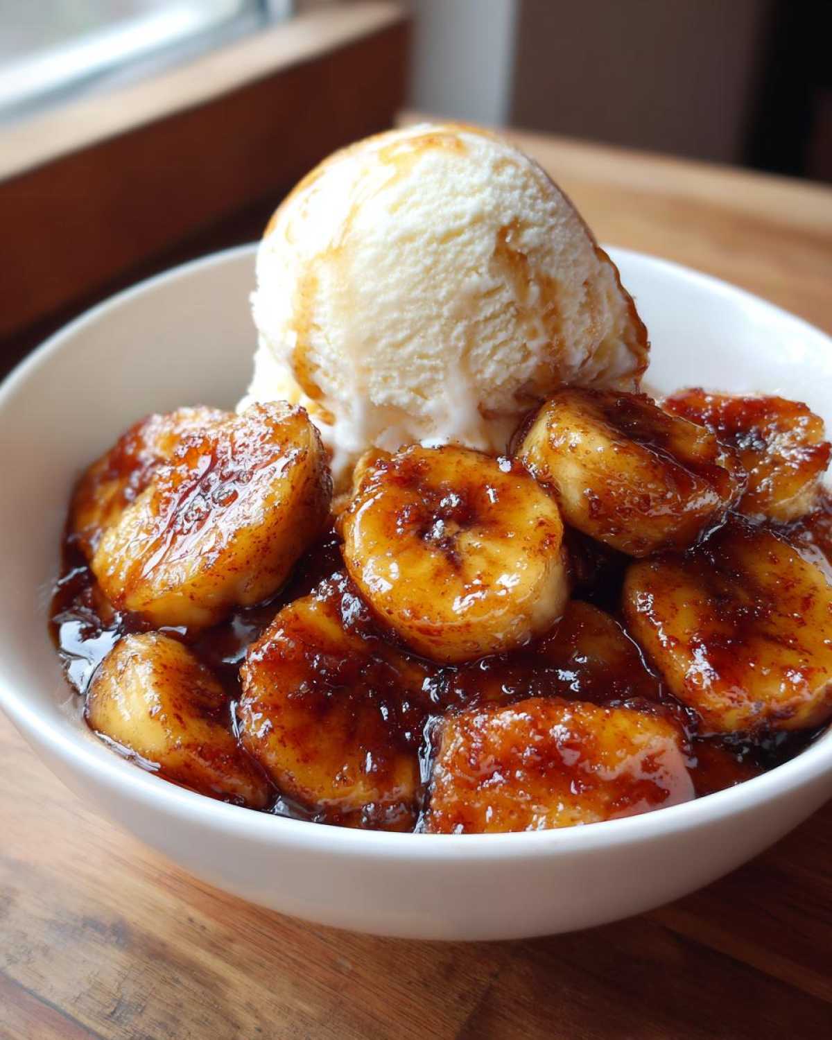 A white bowl filled with caramelized bananas in rich sauce, topped with a scoop of vanilla ice cream, showcasing the amazing bananas foster.