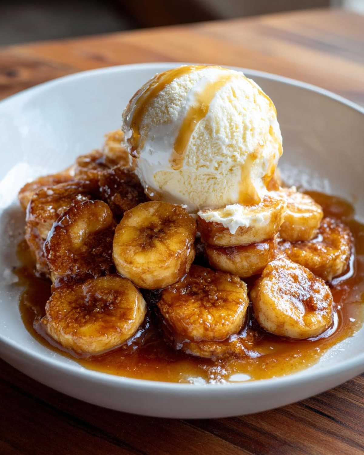 Close-up of caramelized bananas in rich sauce topped with vanilla ice cream, classic bananas foster dessert.