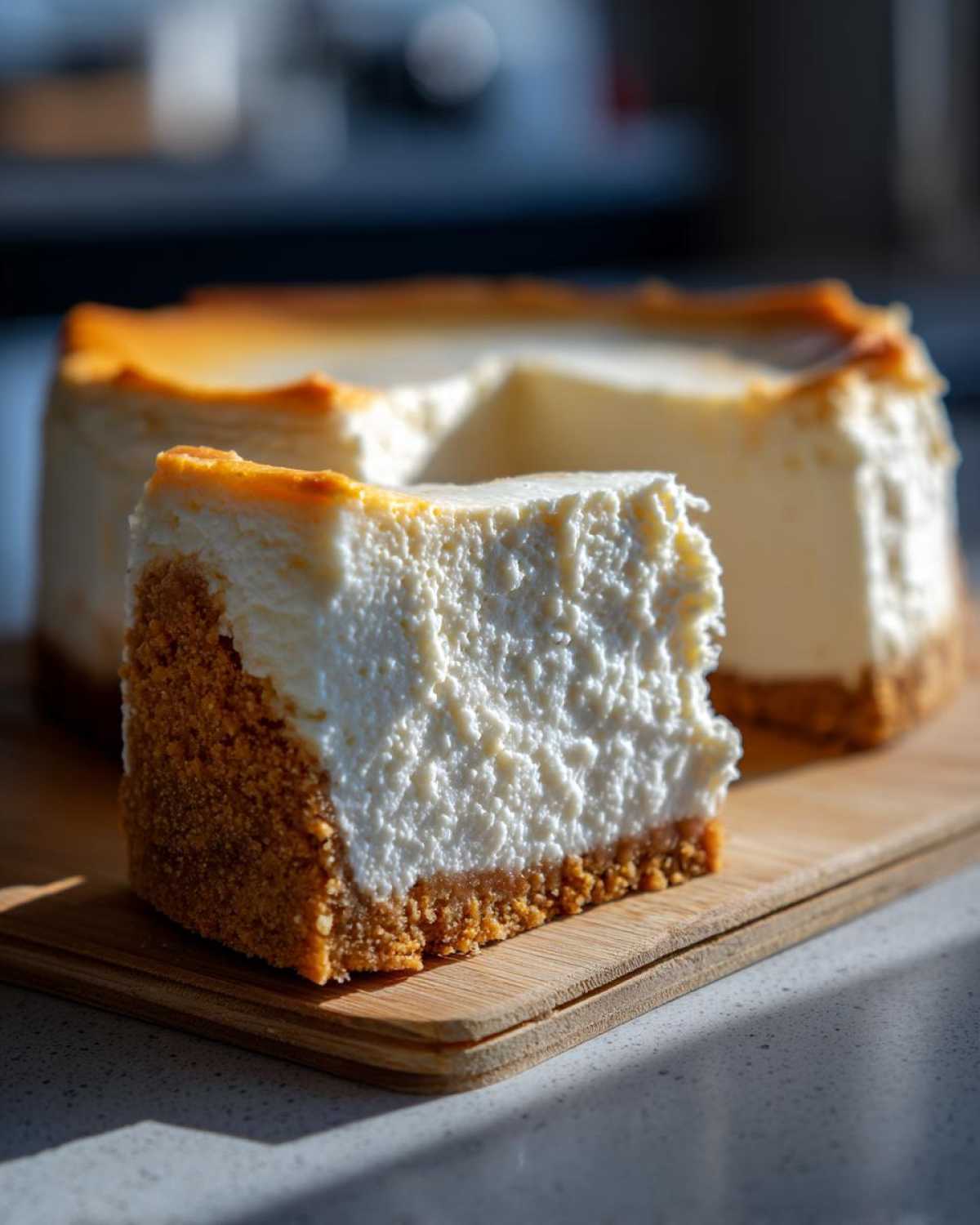 A close-up of a thick slice of baked cheesecake recipe showing the creamy white filling and graham cracker crust.