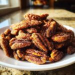 A close-up of a white plate piled high with glistening, sugary cinnamon sugar pecans, ready to eat.