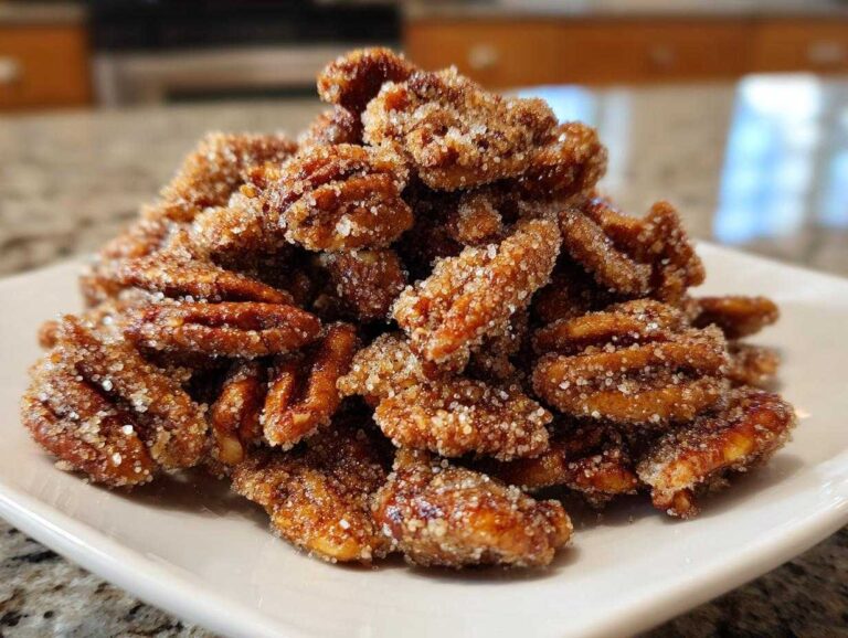 A close-up of a mound of freshly made cinnamon sugar pecans piled high on a white plate.