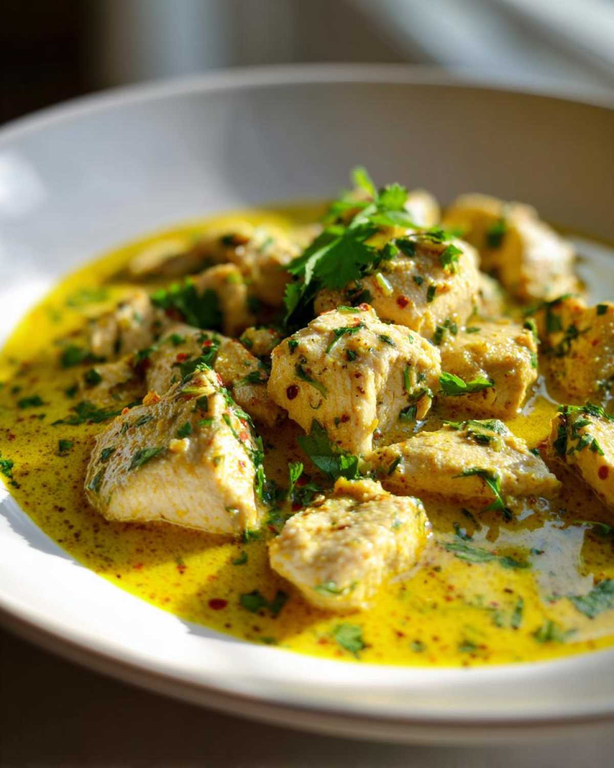 Close-up of tender chunks of coconut chicken served in a rich, yellow, creamy sauce and garnished with fresh cilantro.