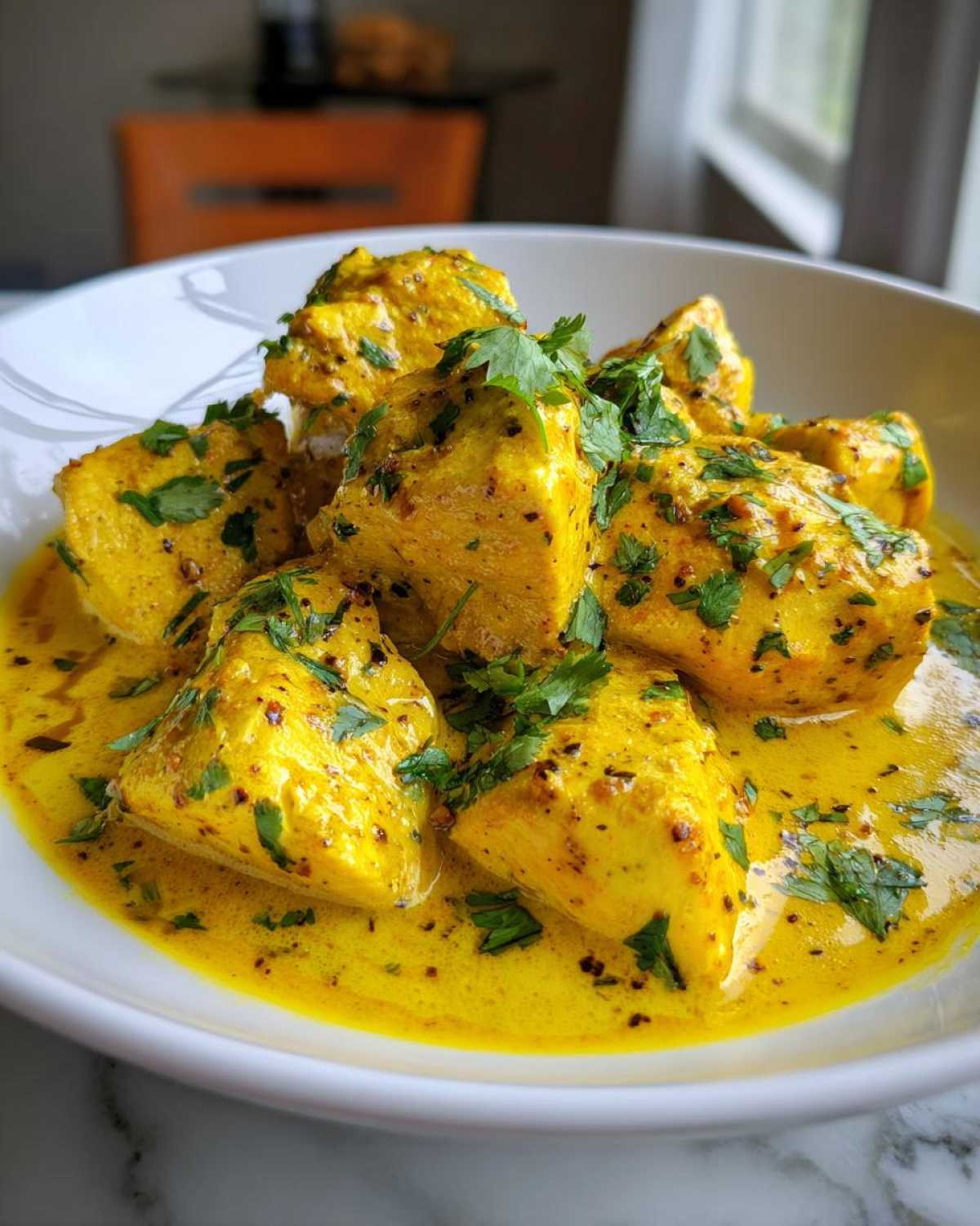 Close-up of chunks of bright yellow coconut chicken simmering in a creamy sauce and garnished with fresh cilantro.