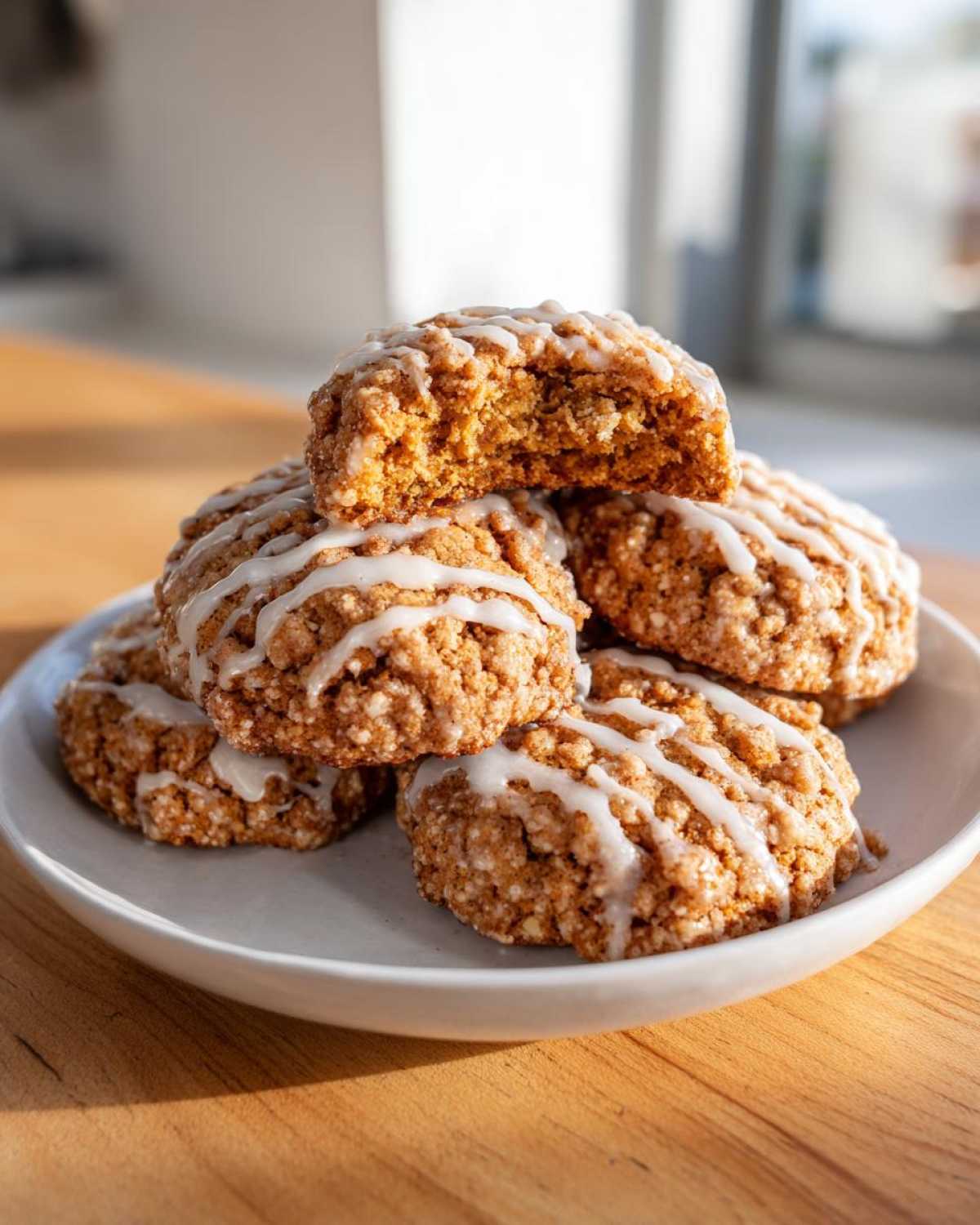 A stack of freshly baked coffee cake cookies drizzled with white icing, one cookie is broken open.