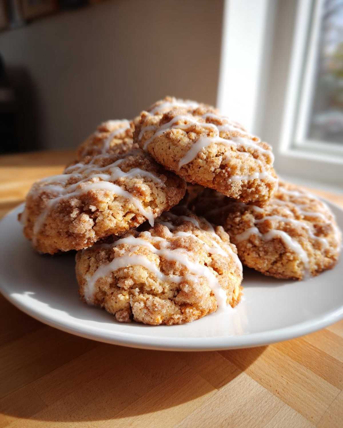 A stack of freshly baked coffee cake cookies topped with a sweet white icing drizzle, resting on a white plate.