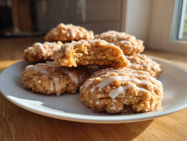 Amazing 24 coffee cake cookies You Need A stack of crumbly coffee cake cookies drizzled with white glaze, one cookie is broken open.