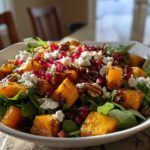 A vibrant bowl featuring an amazing fall harvest salad with roasted butternut squash, feta cheese, pecans, and pomegranate seeds over greens.