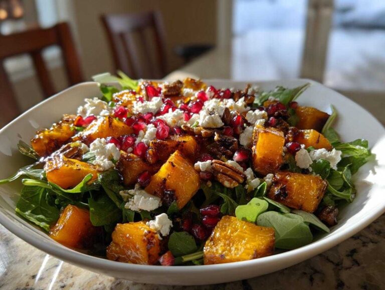 A vibrant bowl featuring an amazing fall harvest salad with roasted butternut squash, feta cheese, pecans, and pomegranate seeds over greens.