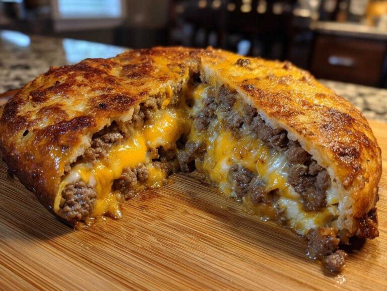 Amazing 1-Bowl garbage bread recipe Cross-section view of amazing garbage bread stuffed with seasoned ground beef and gooey melted cheddar cheese.