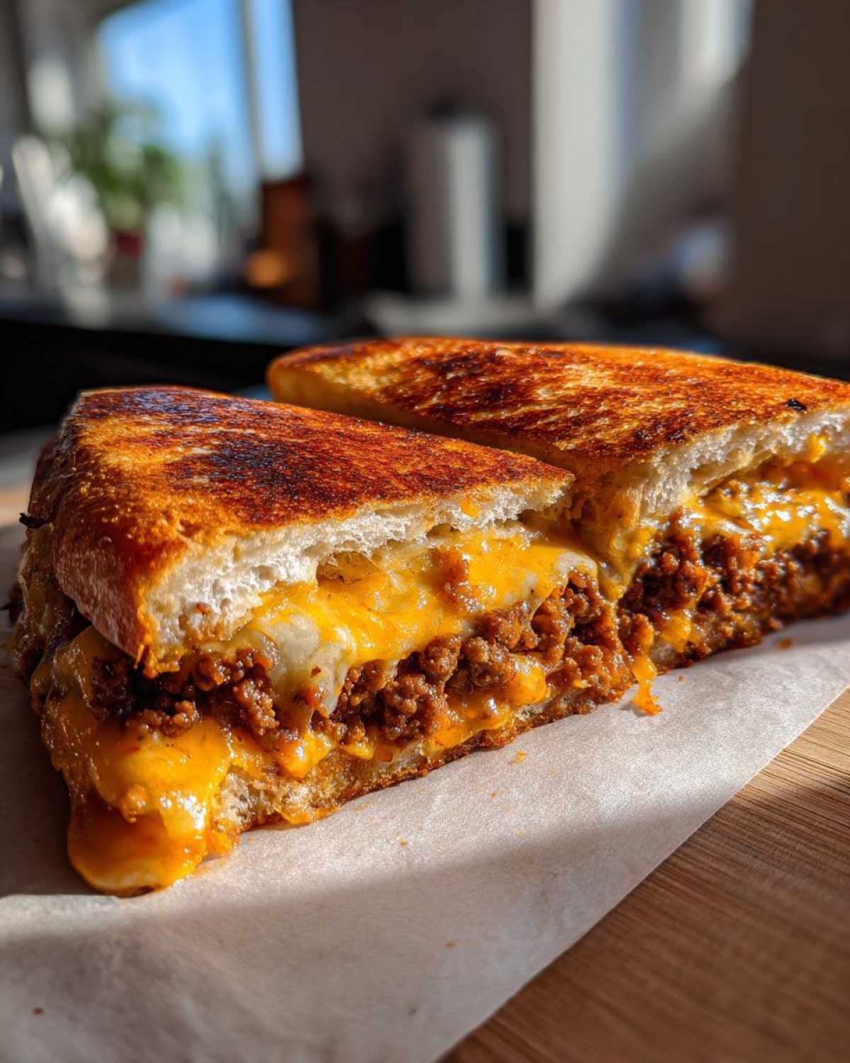 Close-up of a grilled sandwich, cut in half, showing melted cheddar cheese oozing over a savory ground meat filling, resembling delicious garbage bread.