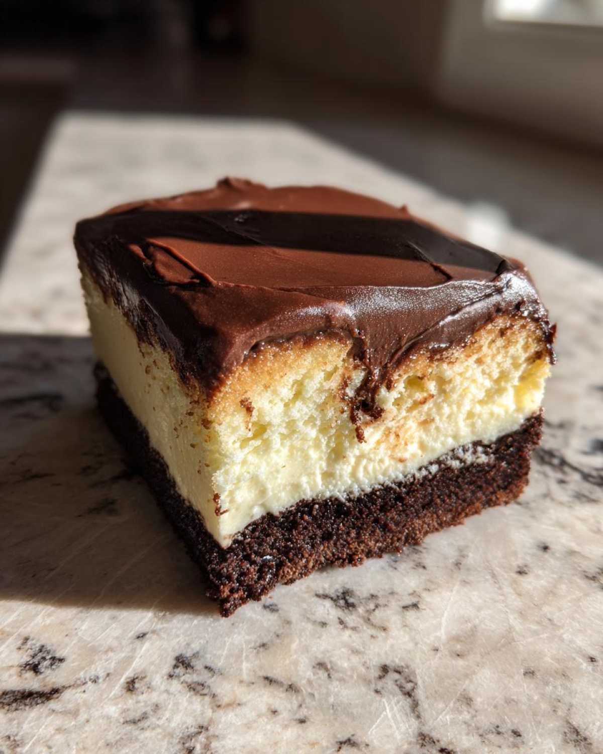 A single serving slice of amazing italian love cake featuring a dark chocolate base, creamy filling, and thick chocolate frosting.