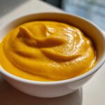 Close-up of vibrant orange, smooth nacho cheese sauce swirled in a small white bowl.