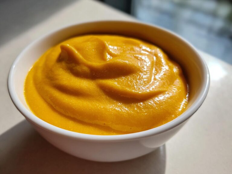Close-up of vibrant orange, smooth nacho cheese sauce swirled in a small white bowl.