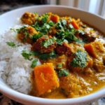 A close-up of a bowl of rich, orange pumpkin curry served alongside fluffy white rice and topped with fresh cilantro.