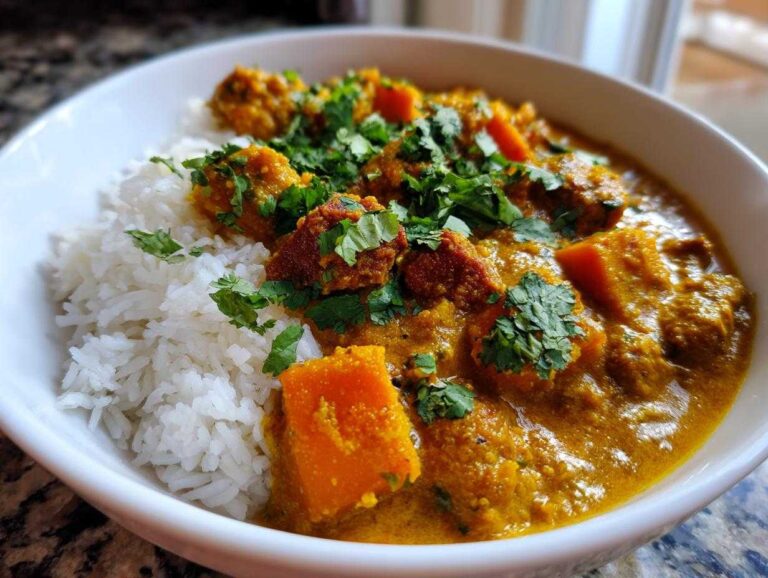 Amazing 40-Minute Pumpkin Curry Comfort A close-up of a bowl of rich, orange pumpkin curry served alongside fluffy white rice and topped with fresh cilantro.