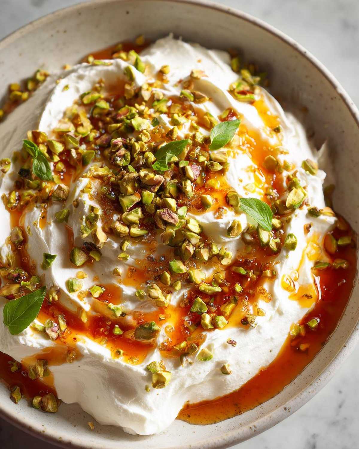 Close-up of creamy whipped ricotta dip drizzled with honey and topped with chopped pistachios and mint leaves.
