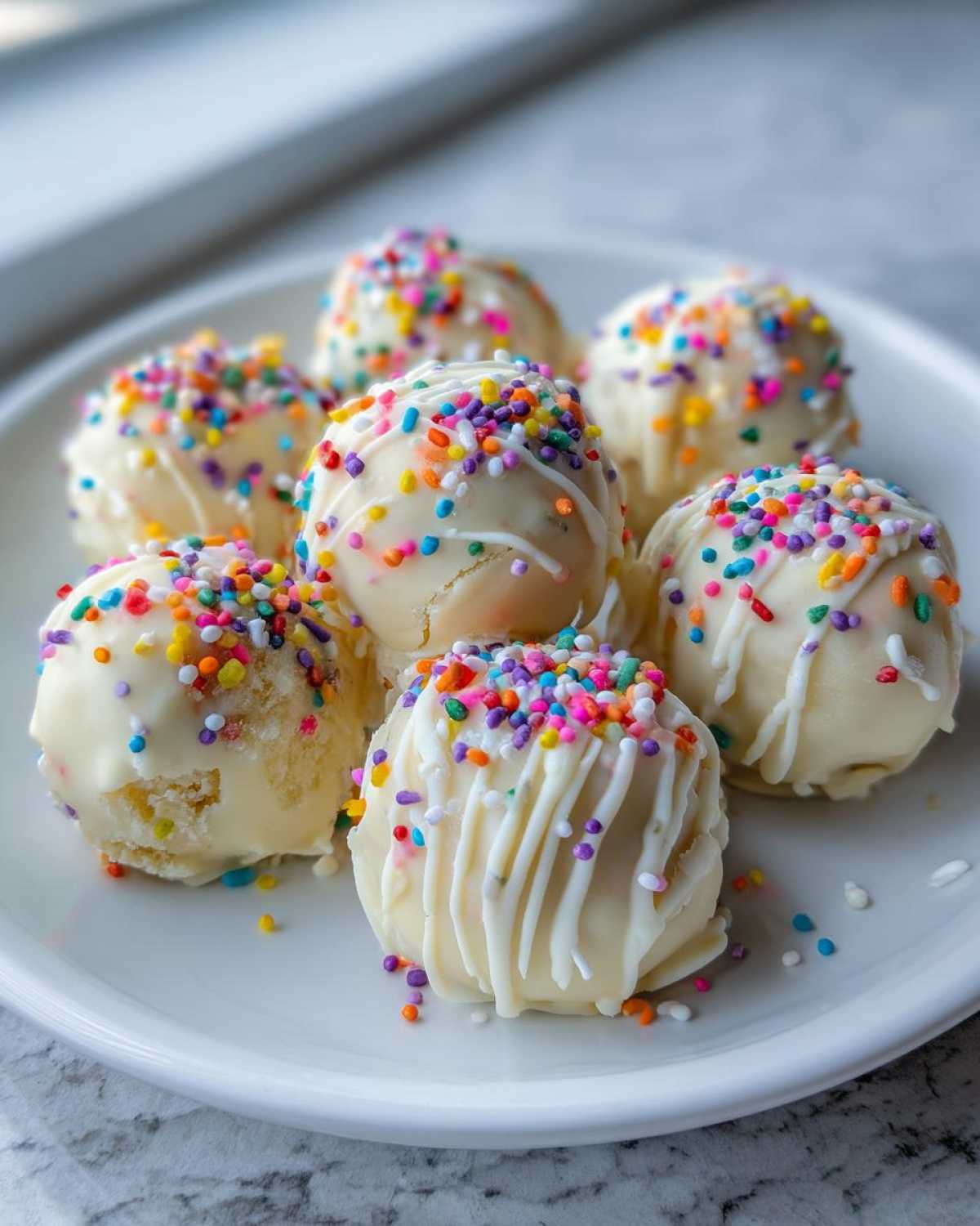 Six white chocolate coated sugar cookie truffles topped with rainbow sprinkles on a white plate.