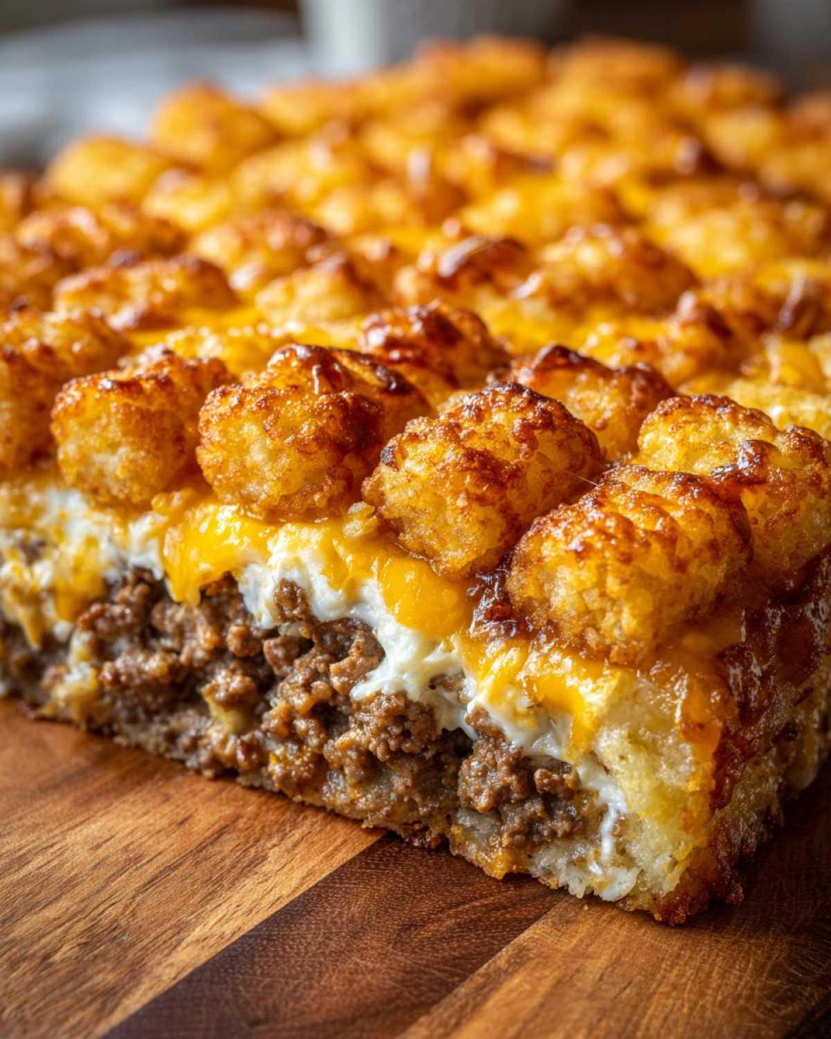 A close-up cross-section of a rich tater tot casserole showing layers of browned ground beef, creamy sauce, melted cheese, and crispy tater tots.