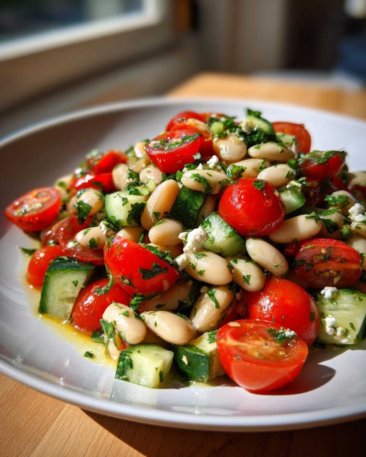 Close-up of a fresh white bean salad featuring cherry tomatoes, chopped cucumber, and herbs on a white plate.