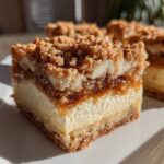 A close-up of a thick slice of apple cheesecake bars showing the creamy filling and crumbly topping.