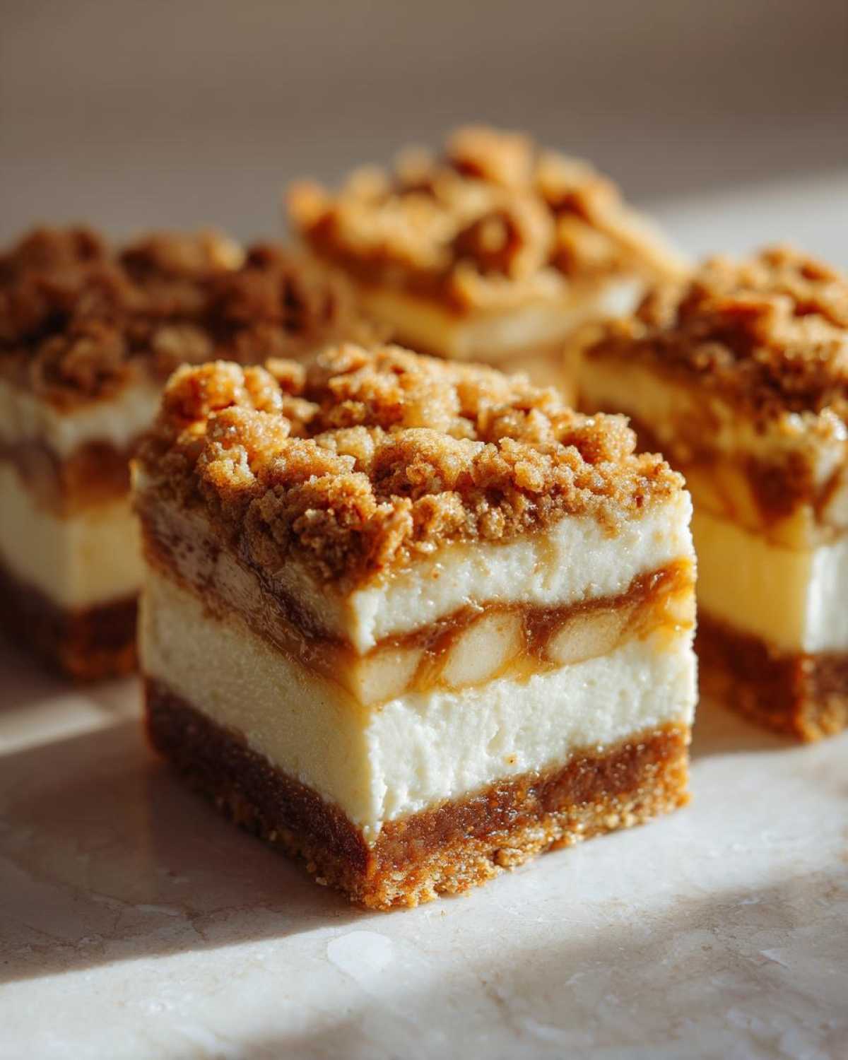 A close-up view of a perfectly cut square of apple cheesecake bars showing layers of crust, cream cheese, apples, and crumble topping.