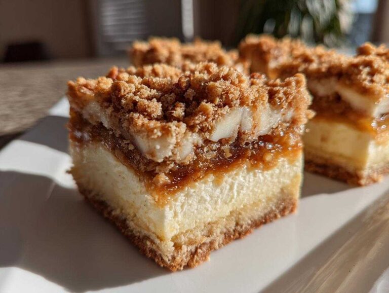 Marvelous 16 apple cheesecake bars taste amazing A close-up of a thick slice of apple cheesecake bars showing the creamy filling and crumbly topping.