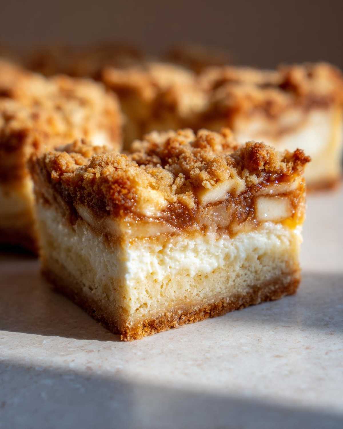 A single, thick slice of apple cheesecake bars showing a graham cracker crust, creamy filling, apple layer, and crumble topping.