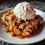 A close-up of a serving of warm apple crisp recipe topped with a scoop of melting vanilla ice cream.