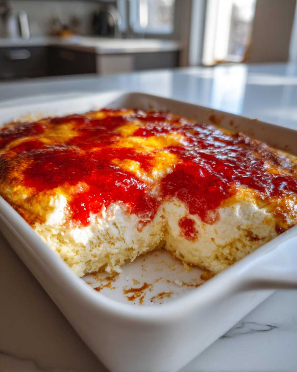 Close-up of a baked pepper jelly cheese dip in a white dish, showing a creamy white interior topped with bright red jelly.