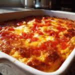 Close-up of a bubbly, baked pepper jelly cheese dip topped with melted cheese and red jelly in a white baking dish.