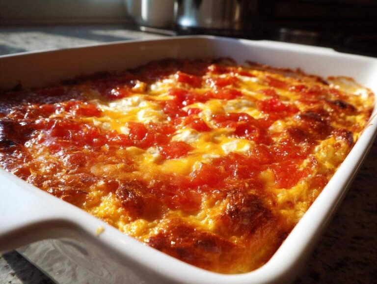 3-Ingredient pepper jelly cheese dip Magic Close-up of a bubbly, baked pepper jelly cheese dip topped with melted cheese and red jelly in a white baking dish.