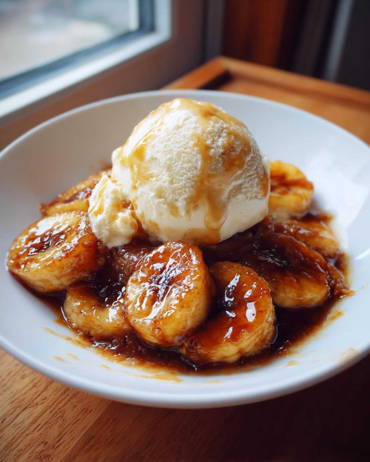 Close-up of warm bananas foster topped with a scoop of vanilla ice cream and caramel sauce.
