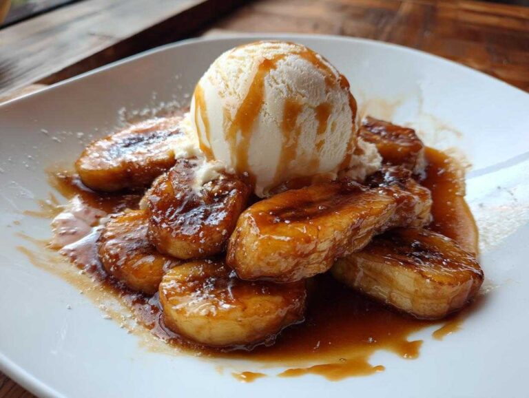 A close-up of caramelized bananas in rich sauce topped with vanilla ice cream, representing delicious bananas foster.