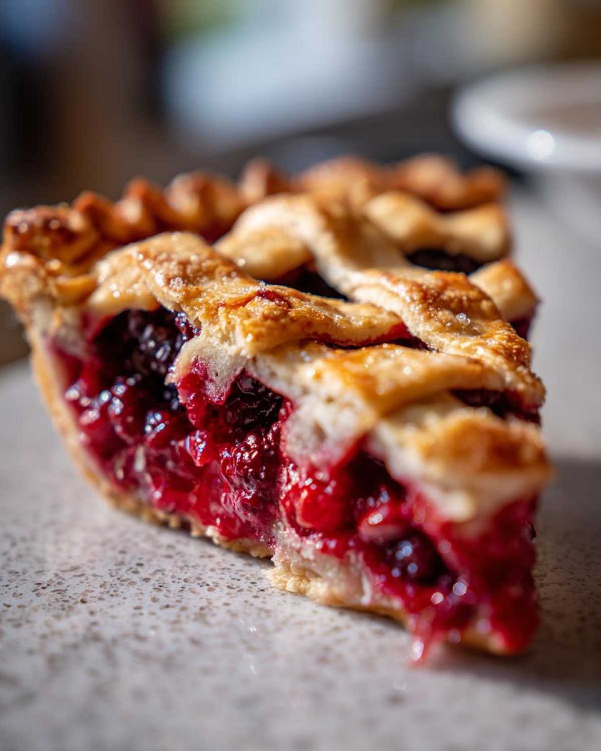 Close-up of a slice of berry pie showing a thick, vibrant red filling and a golden lattice crust.
