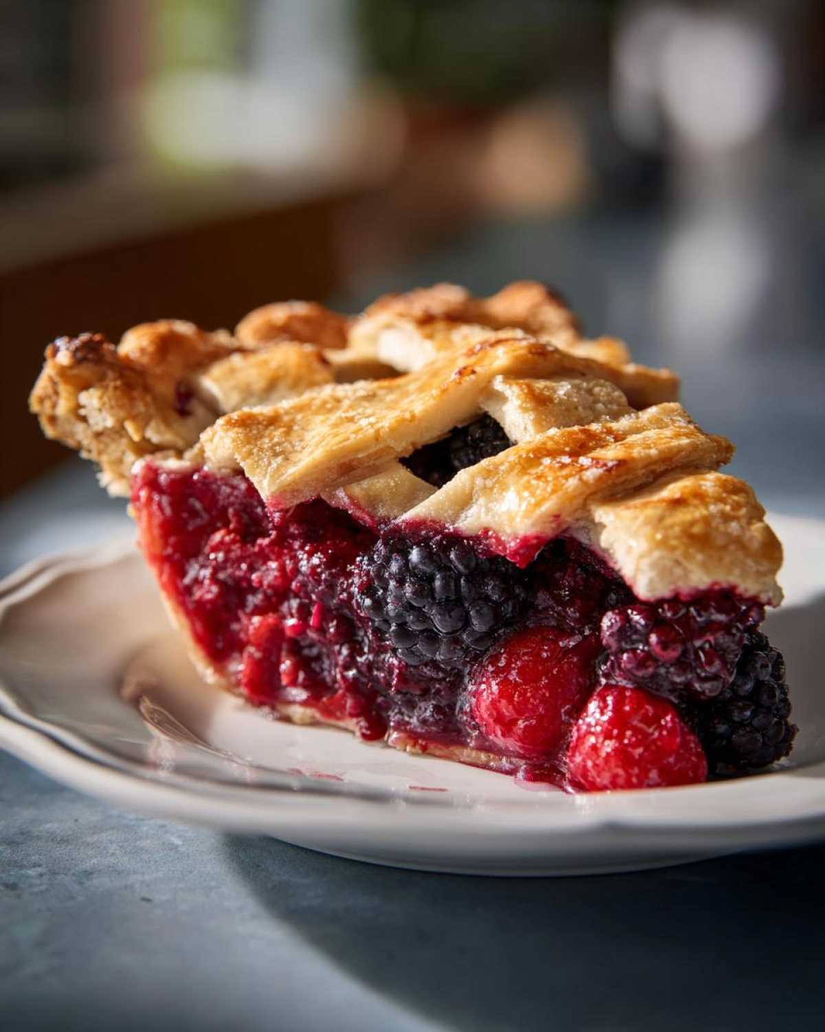 Close-up of a rich slice of berry pie showing juicy raspberries and blackberries under a golden lattice crust.