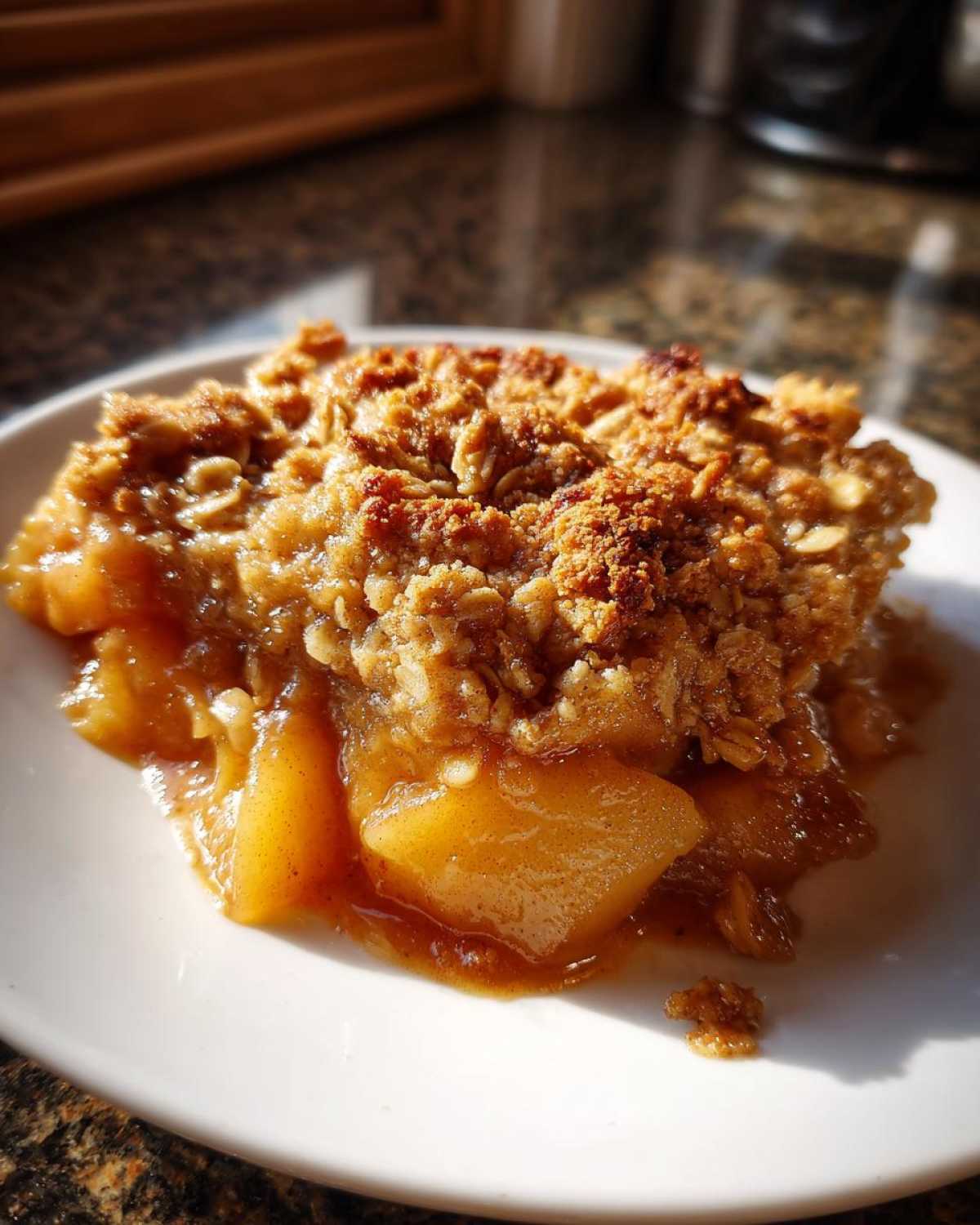 A close-up serving of the best apple crisp recipe, showing warm, saucy apples beneath a crunchy oat topping.