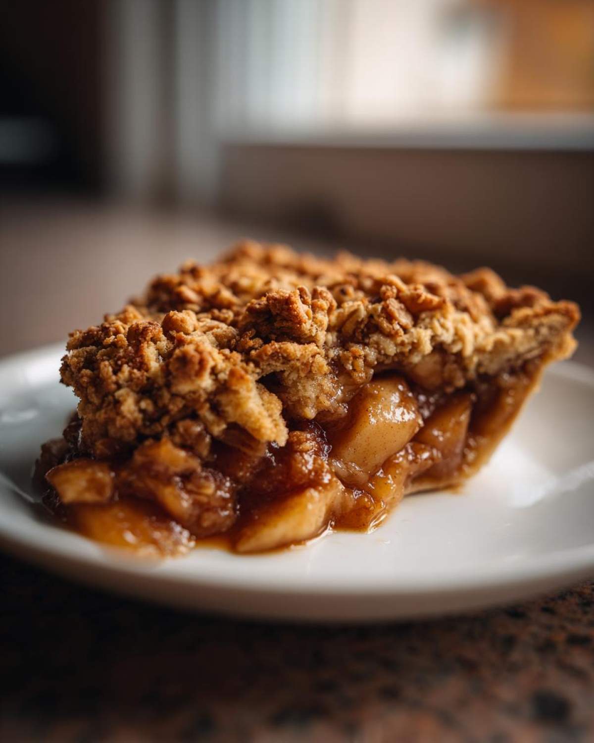 Close-up of a decadent slice of apple crisp recipe showing gooey spiced apples and a thick, crunchy oat topping.