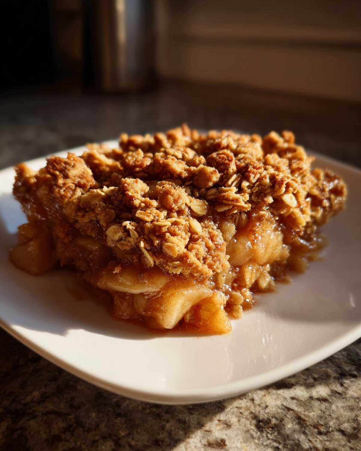 Close-up of a square slice of apple crisp recipe showing tender cinnamon apples and a thick, golden-brown oat crumble topping.