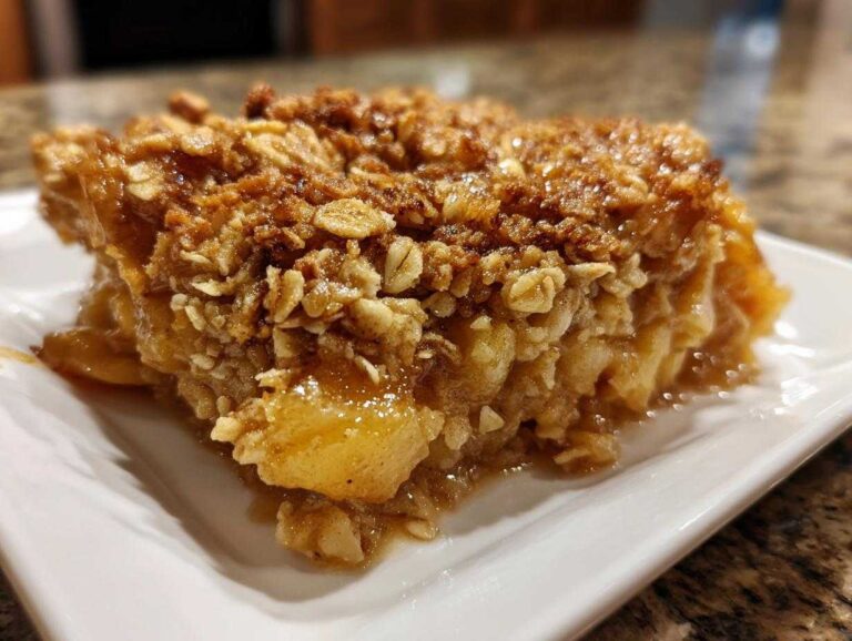 Best apple crisp recipe: 1 secret to crunch Close-up of a moist slice of apple crisp recipe showing tender apples and a thick, crunchy oat topping.