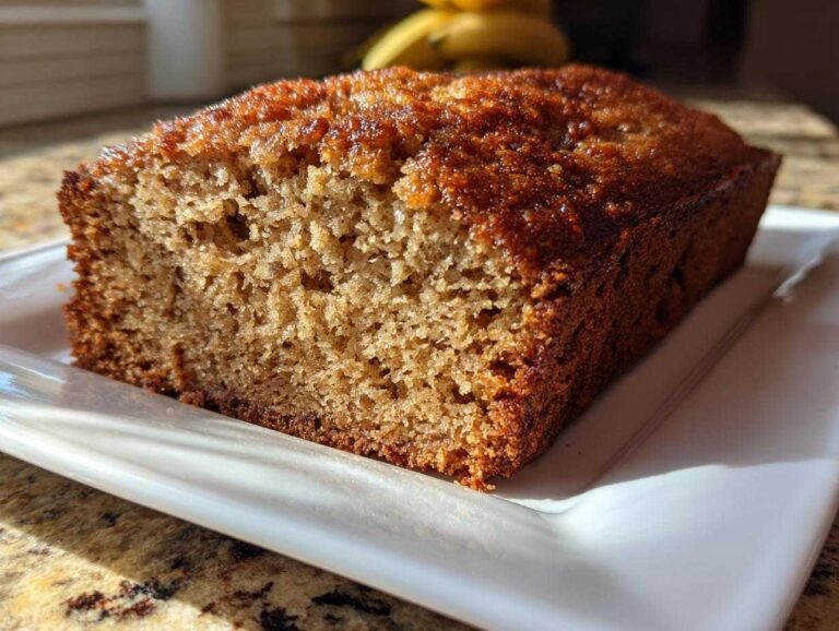 Close-up of a slice of the best banana bread showing its moist, golden-brown crumb and caramelized top.