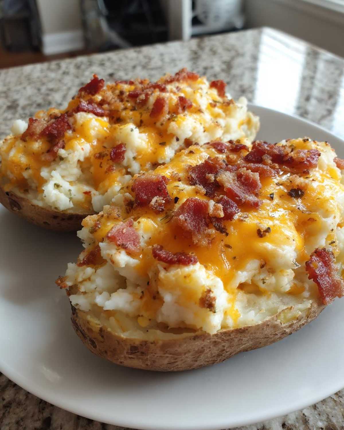 Two halves of twice baked potatoes stuffed with creamy filling, melted cheddar cheese, and bacon bits.