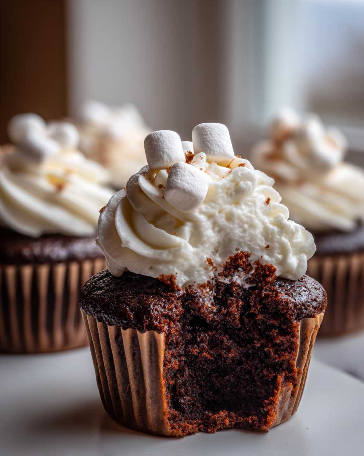 Close-up of a bitten hot chocolate cupcake showing moist dark cake, topped with white frosting and mini marshmallows.