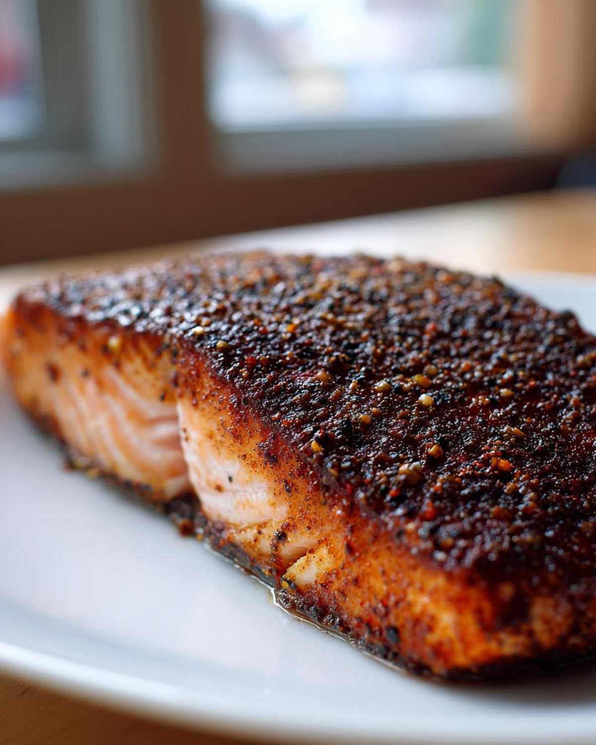 Close-up of a thick, perfectly cooked piece of blackened salmon with a dark, heavily spiced crust.
