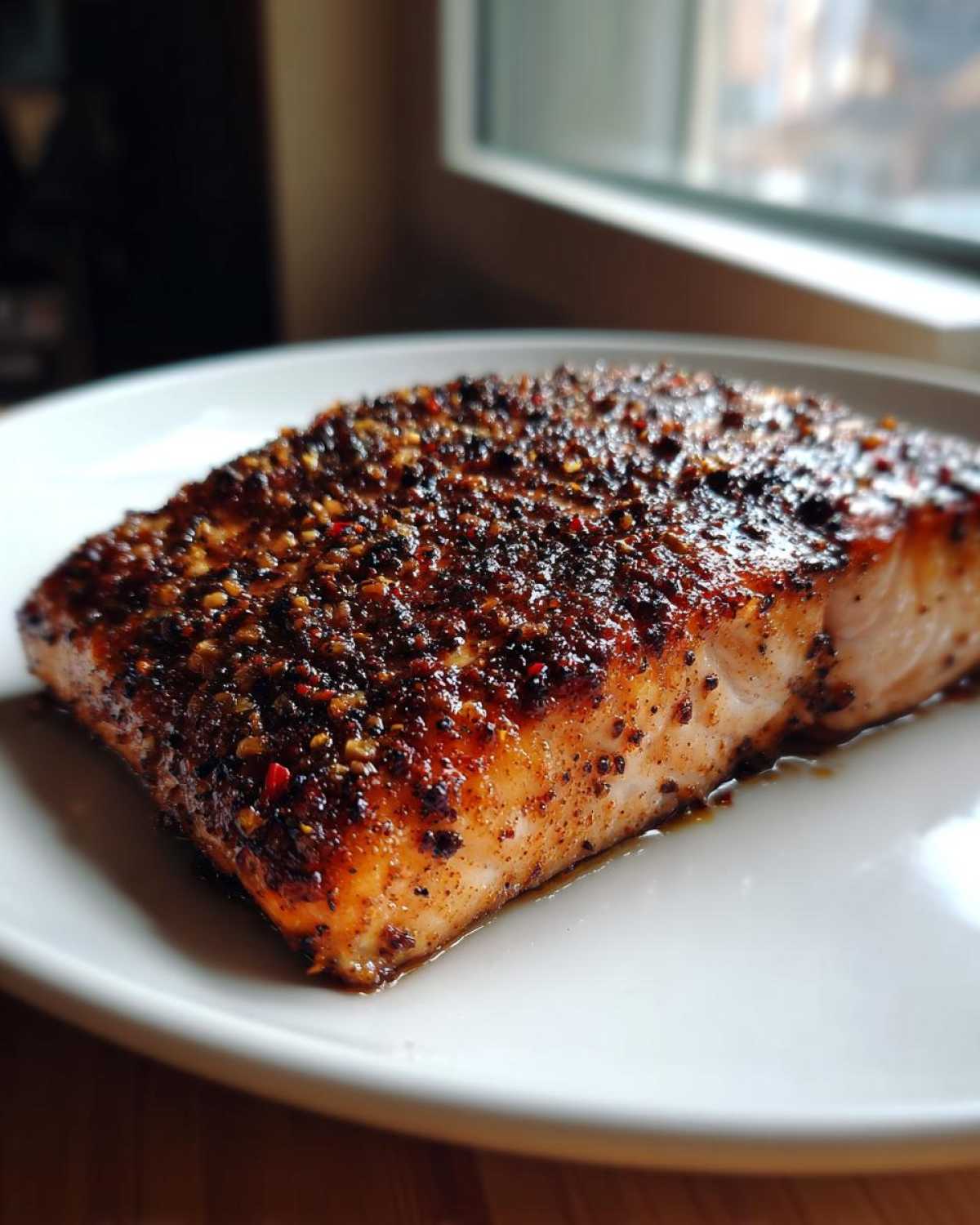 Close-up of a perfectly cooked fillet of blackened salmon with a dark, flavorful crust resting on a white plate.